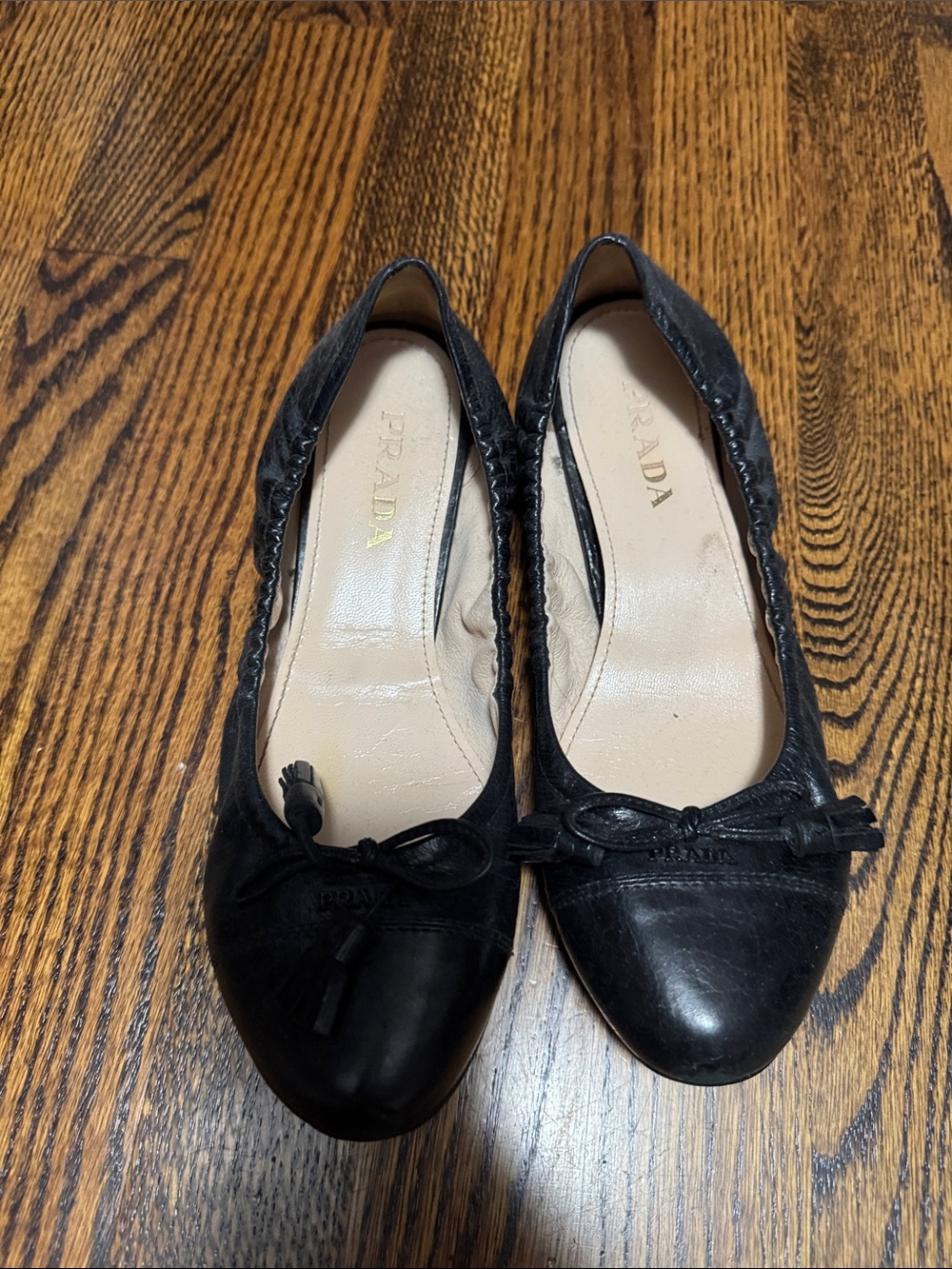 Prada Black Leather Bow-Front Ballet Flats